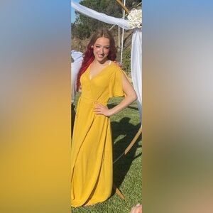 Mustard yellow wrap around bridesmaids dress